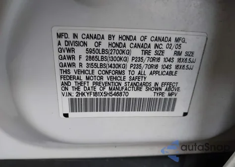 2005 Honda Pilot Lx from USA, damaged, VIN 2HKYF181X5H546870